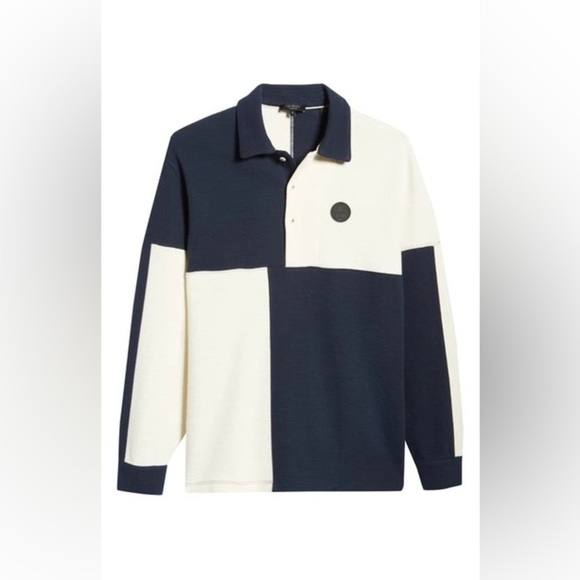 Ted Baker Waffle Knit Panelled Polo Shirt in Navy - Picture 2 of 16